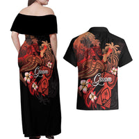 Guam Tribal Chamorro Couples Matching Off Shoulder Maxi Dress and Hawaiian Shirt Polynesian Shark with Plumeria and Sea Vibe - Polynesian Pride