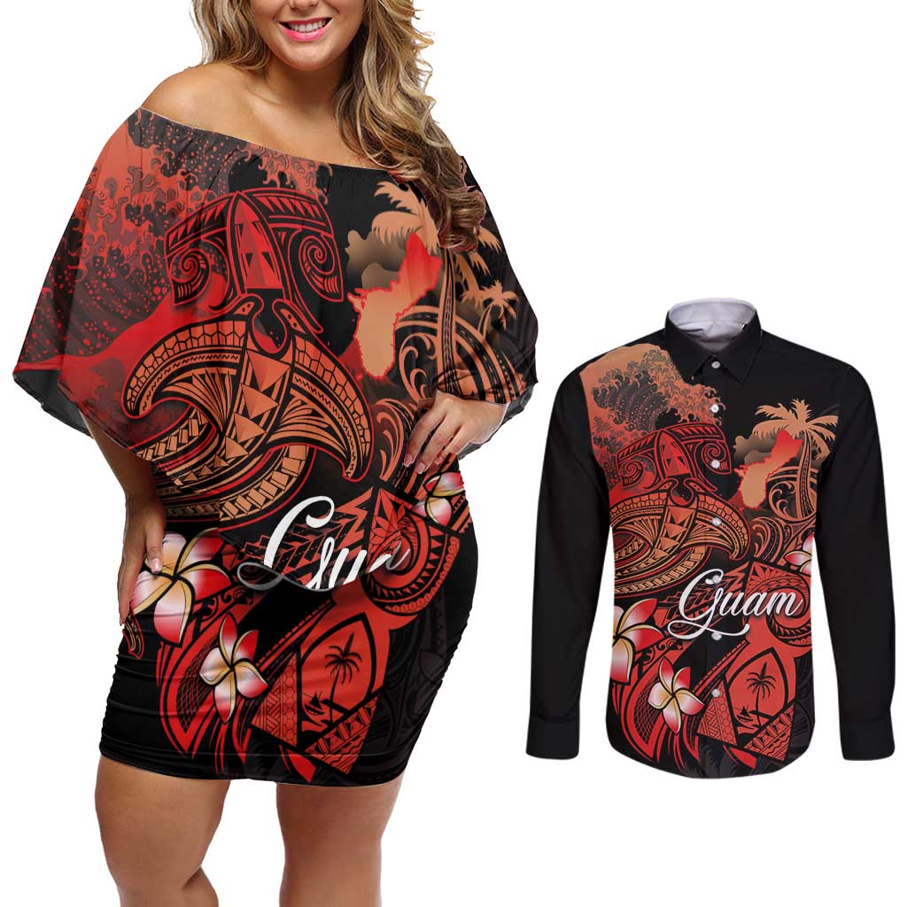 Guam Tribal Chamorro Couples Matching Off Shoulder Short Dress and Long Sleeve Button Shirt Polynesian Shark with Plumeria and Sea Vibe - Polynesian Pride