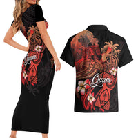 Guam Tribal Chamorro Couples Matching Short Sleeve Bodycon Dress and Hawaiian Shirt Polynesian Shark with Plumeria and Sea Vibe - Polynesian Pride