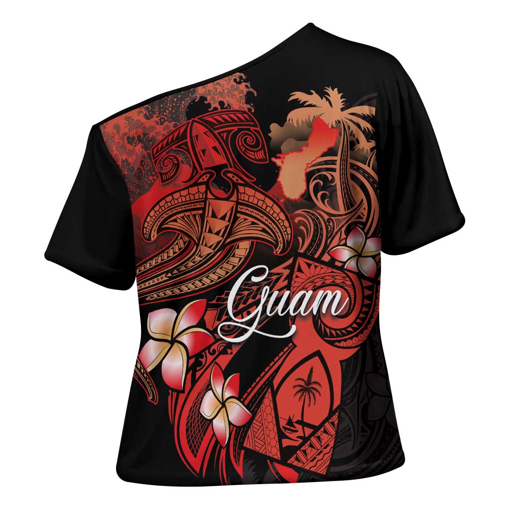 Guam Tribal Chamorro Cross Shoulder Shirt Polynesian Shark with Plumeria and Sea Vibe - Polynesian Pride