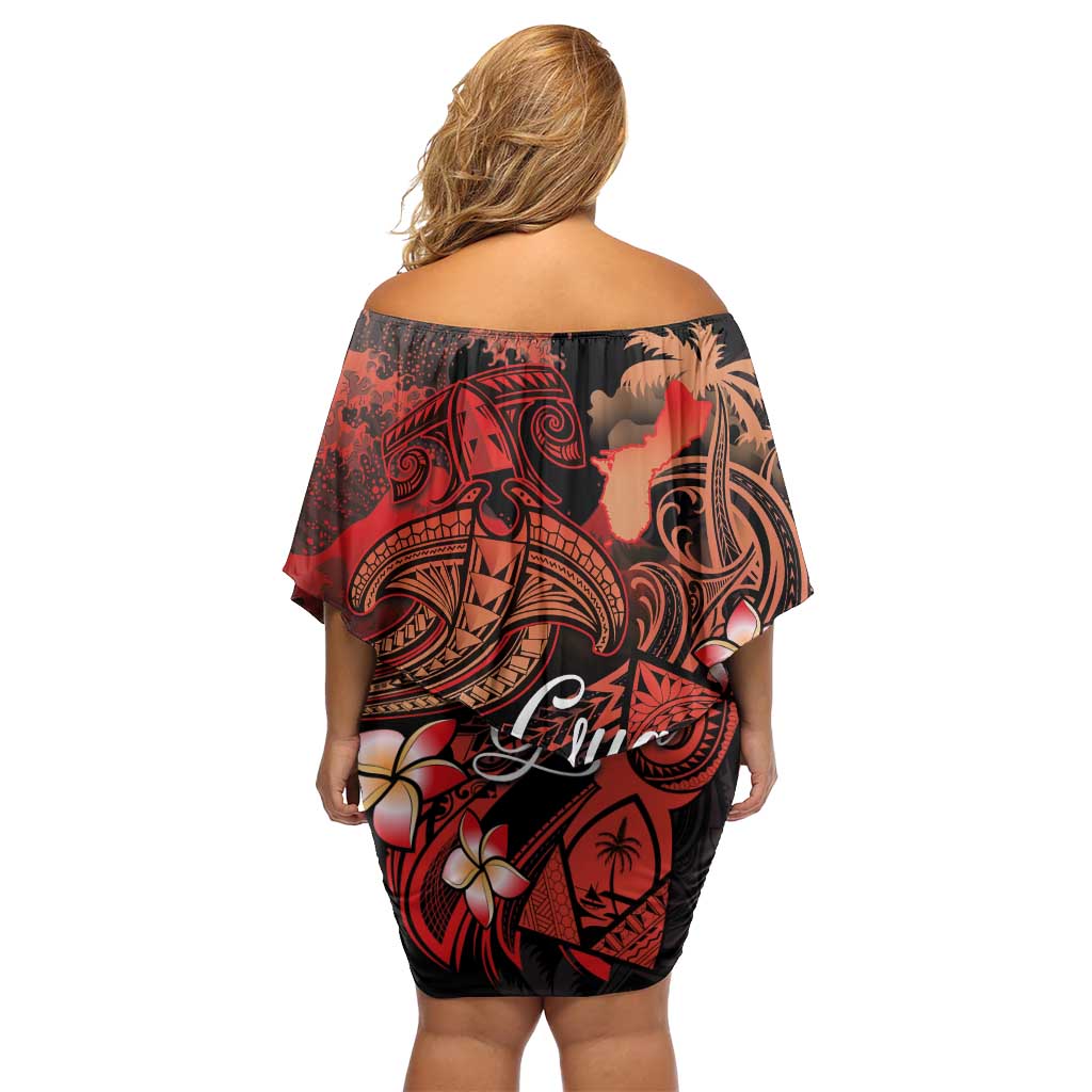 Guam Tribal Chamorro Family Matching Off Shoulder Short Dress and Hawaiian Shirt Polynesian Shark with Plumeria and Sea Vibe - Polynesian Pride