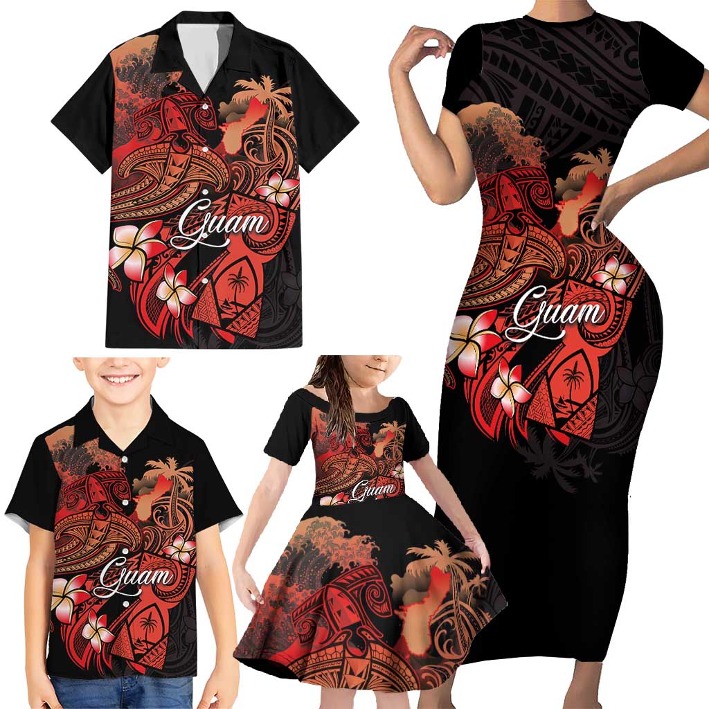 Guam Tribal Chamorro Family Matching Short Sleeve Bodycon Dress and Hawaiian Shirt Polynesian Shark with Plumeria and Sea Vibe - Polynesian Pride