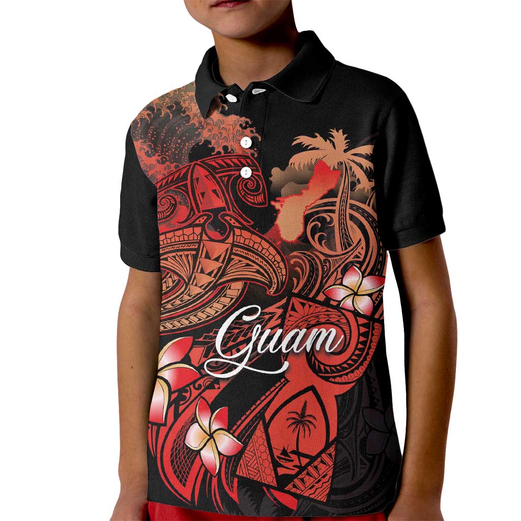 Guam Tribal Chamorro Kid Polo Shirt Polynesian Shark with Plumeria and Sea Vibe - Polynesian Pride