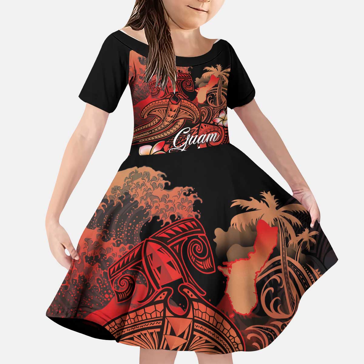 Guam Tribal Chamorro Kid Short Sleeve Dress Polynesian Shark with Plumeria and Sea Vibe - Polynesian Pride