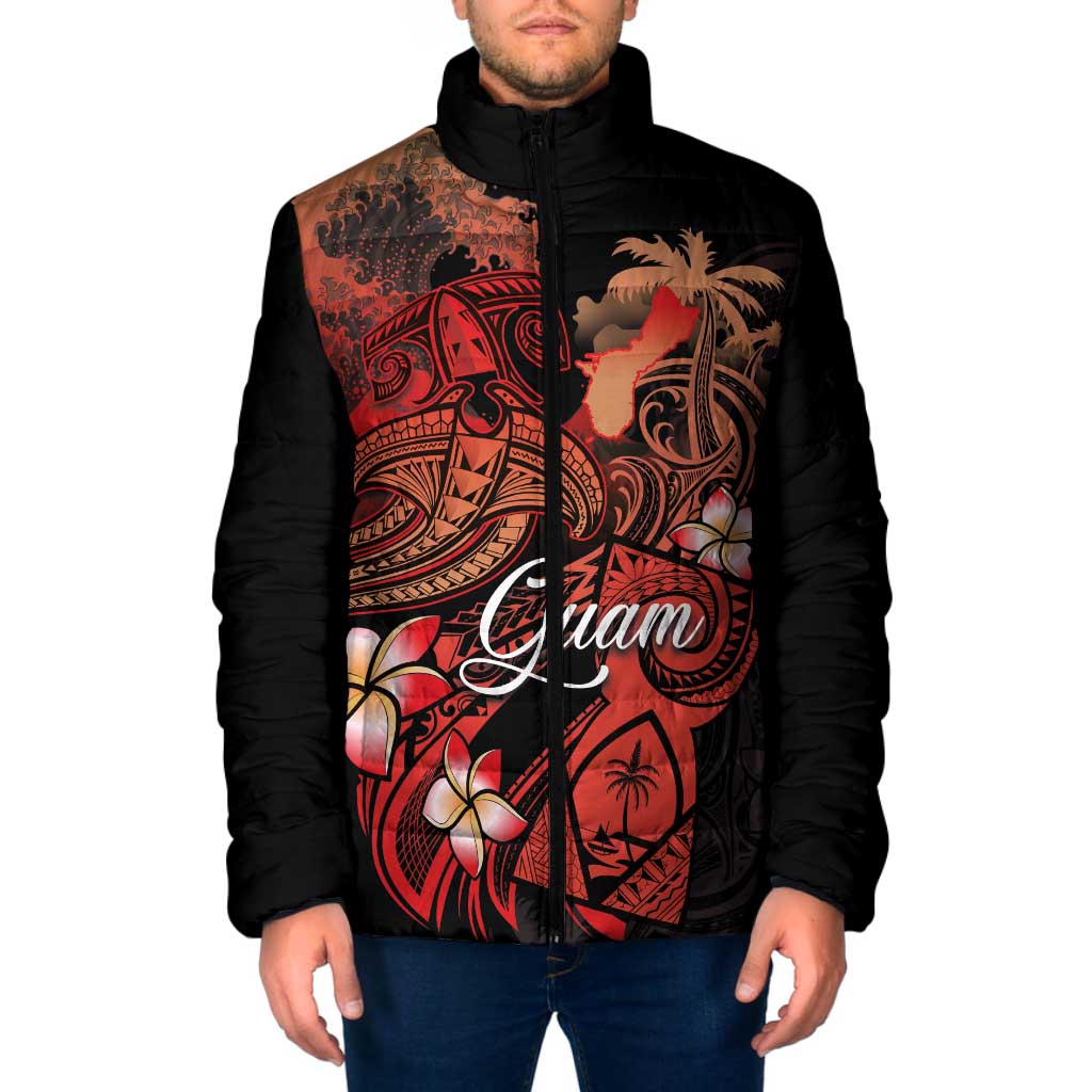 Guam Tribal Chamorro Padded Jacket Polynesian Shark with Plumeria and Sea Vibe - Polynesian Pride