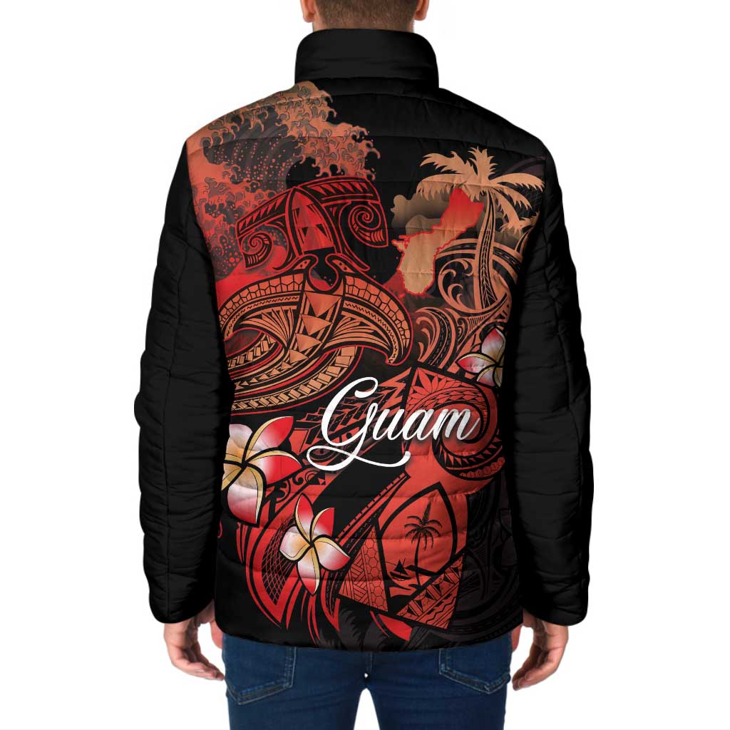 Guam Tribal Chamorro Padded Jacket Polynesian Shark with Plumeria and Sea Vibe - Polynesian Pride