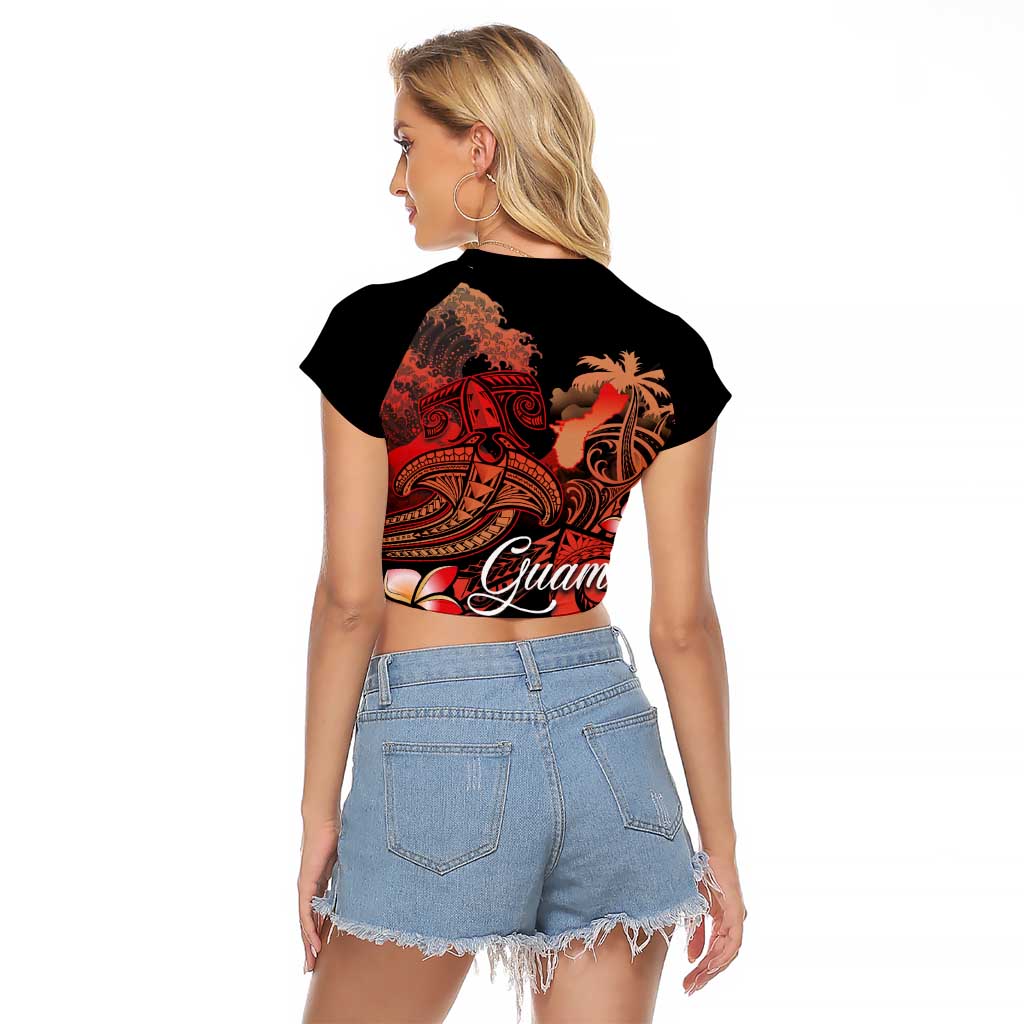 Guam Tribal Chamorro Raglan Cropped T Shirt Polynesian Shark with Plumeria and Sea Vibe - Polynesian Pride