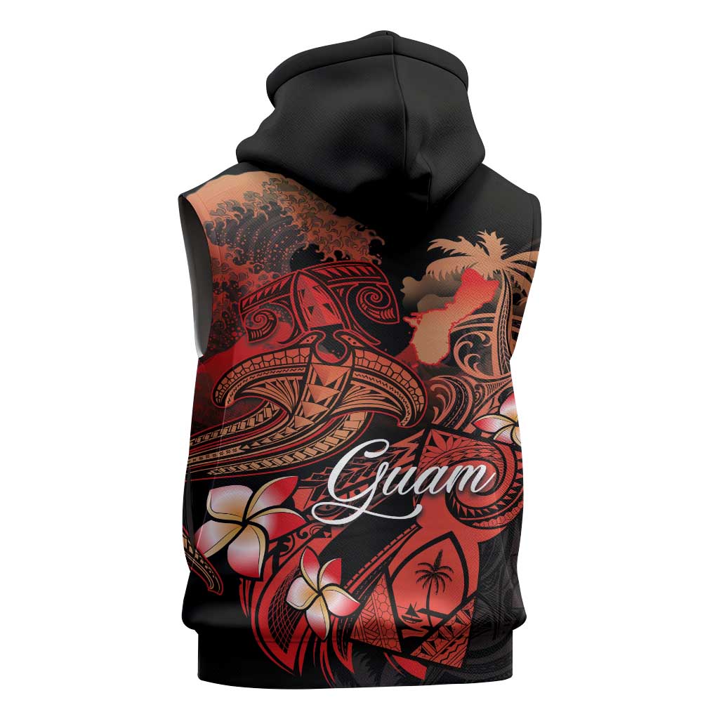 Guam Tribal Chamorro Sleeveless Hoodie Polynesian Shark with Plumeria and Sea Vibe - Polynesian Pride