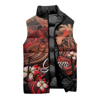 Guam Tribal Chamorro Sleeveless Puffer Jacket Polynesian Shark with Plumeria and Sea Vibe - Polynesian Pride