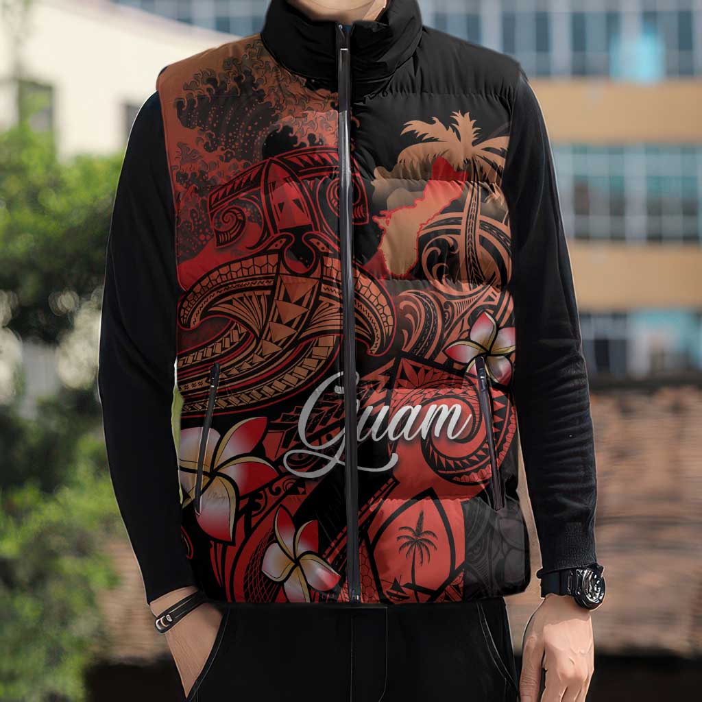 Guam Tribal Chamorro Sleeveless Puffer Jacket Polynesian Shark with Plumeria and Sea Vibe - Polynesian Pride