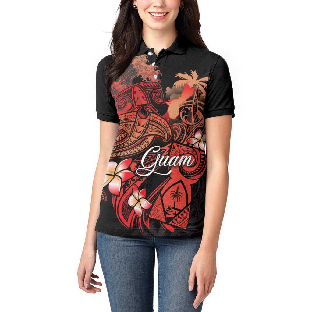 Guam Tribal Chamorro Women Polo Shirt Polynesian Shark with Plumeria and Sea Vibe - Polynesian Pride