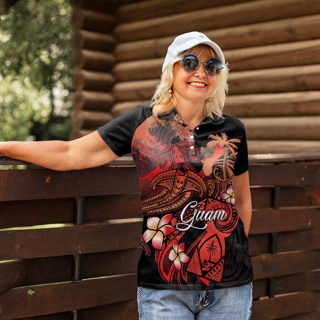 Guam Tribal Chamorro Women Polo Shirt Polynesian Shark with Plumeria and Sea Vibe - Polynesian Pride