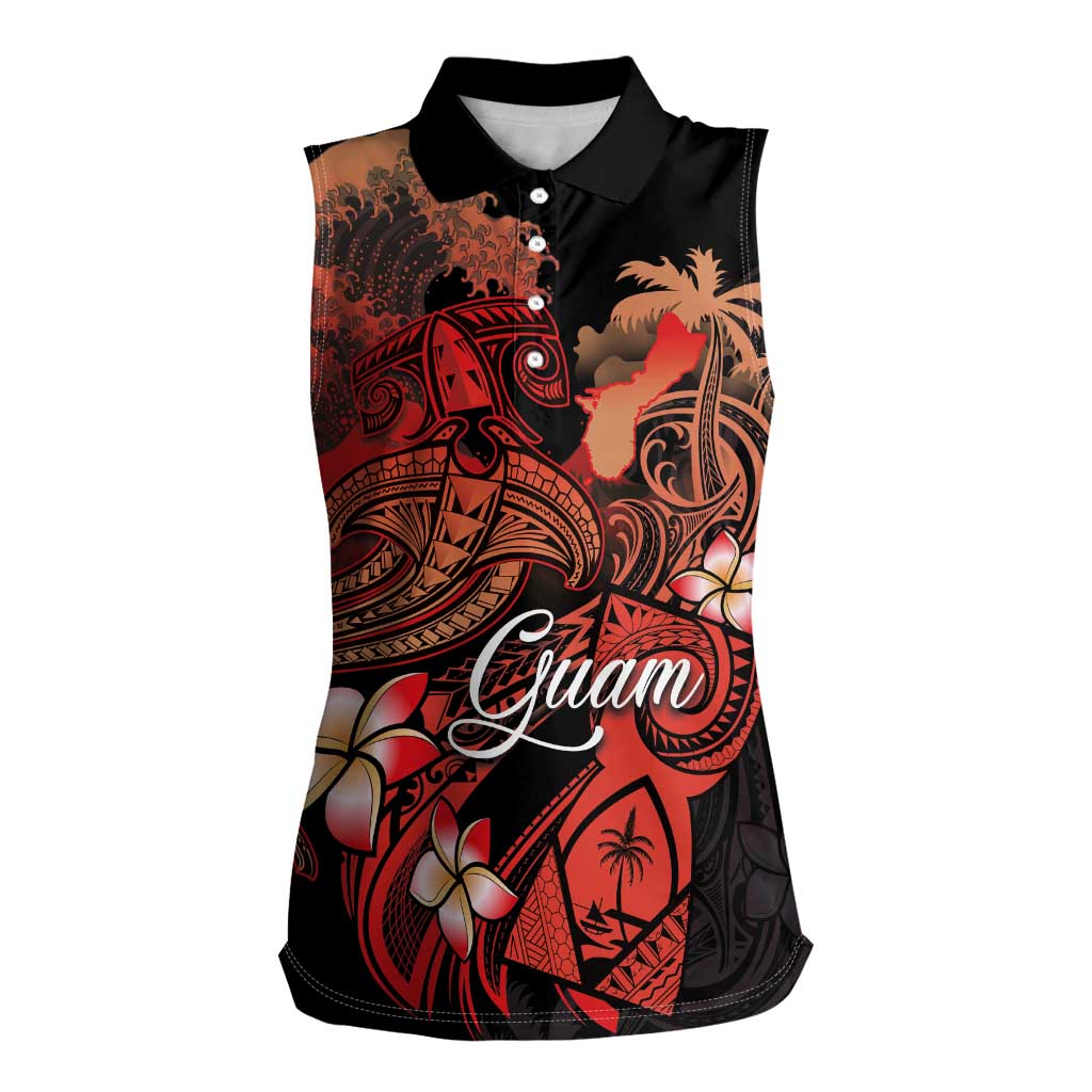 Guam Tribal Chamorro Women Sleeveless Polo Shirt Polynesian Shark with Plumeria and Sea Vibe - Polynesian Pride