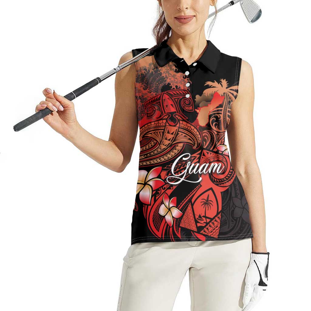 Guam Tribal Chamorro Women Sleeveless Polo Shirt Polynesian Shark with Plumeria and Sea Vibe - Polynesian Pride