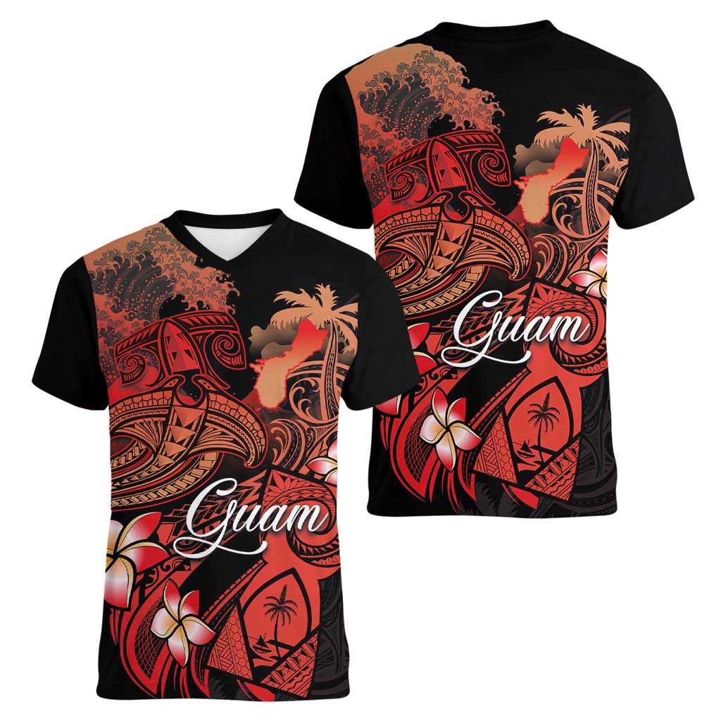 Guam Tribal Chamorro Women V-Neck T-Shirt Polynesian Shark with Plumeria and Sea Vibe - Polynesian Pride