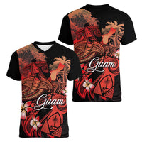 Guam Tribal Chamorro Women V-Neck T-Shirt Polynesian Shark with Plumeria and Sea Vibe - Polynesian Pride