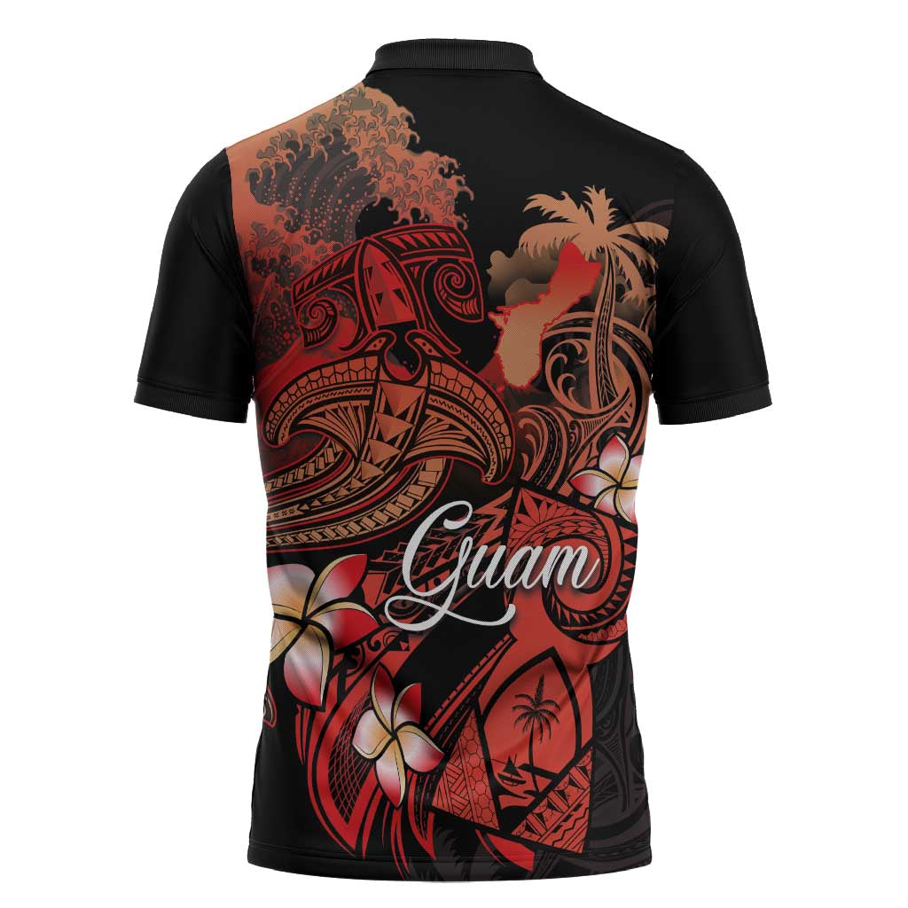 Guam Tribal Chamorro Zipper Polo Shirt Polynesian Shark with Plumeria and Sea Vibe - Polynesian Pride