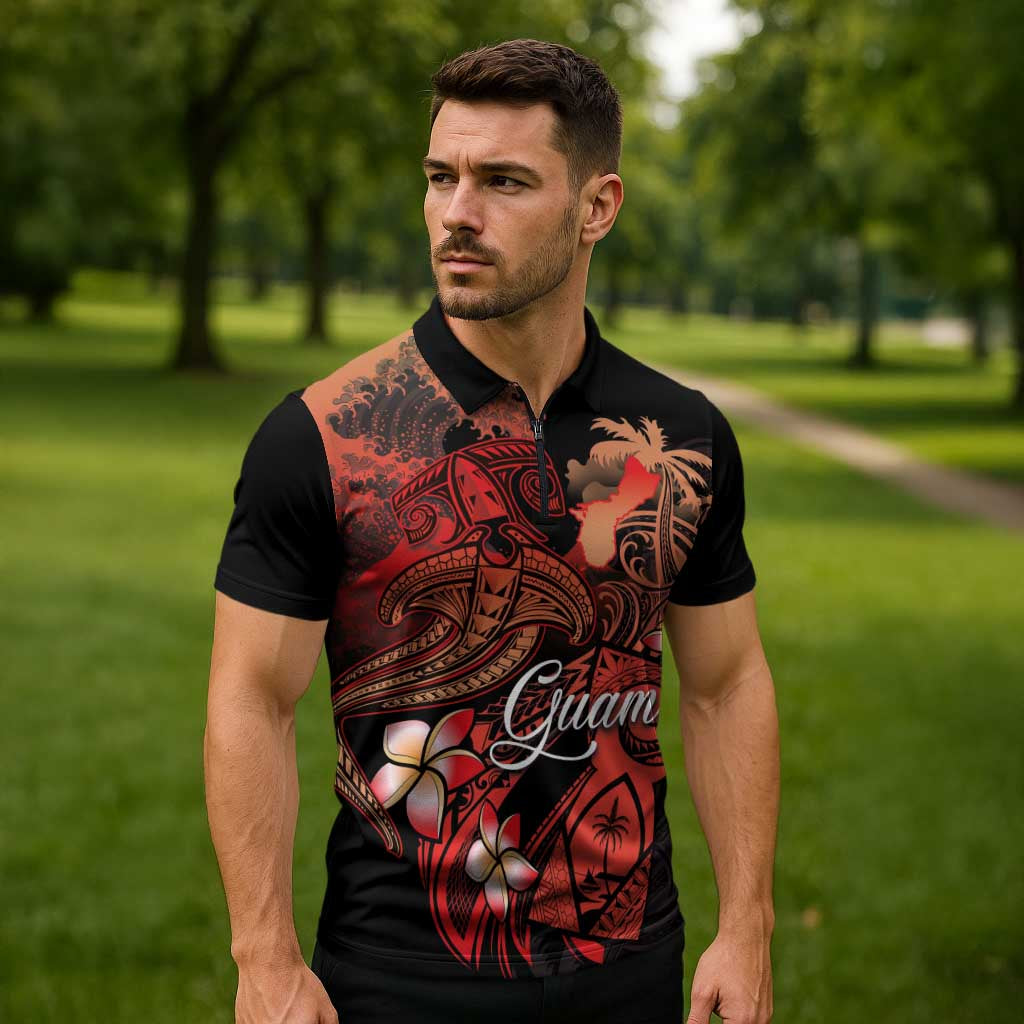 Guam Tribal Chamorro Zipper Polo Shirt Polynesian Shark with Plumeria and Sea Vibe - Polynesian Pride