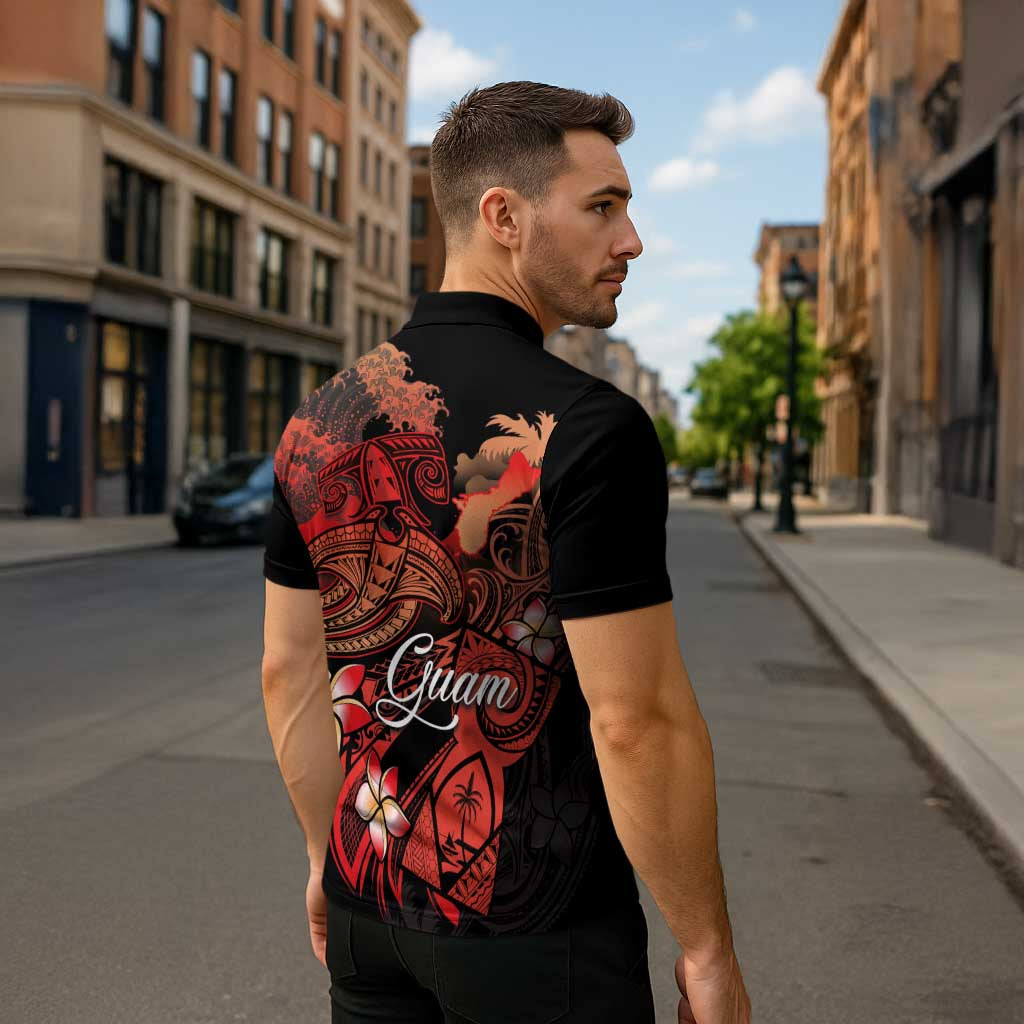 Guam Tribal Chamorro Zipper Polo Shirt Polynesian Shark with Plumeria and Sea Vibe - Polynesian Pride