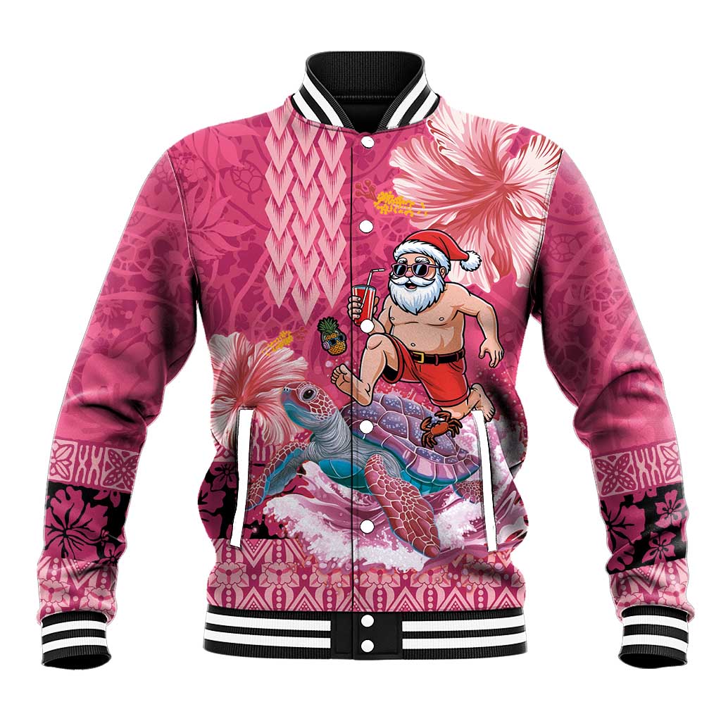Hawaii Mele Kalikimaka Baseball Jacket Funny Santa with Tribal Tattoos Kakau Pink Color - Polynesian Pride