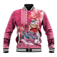 Hawaii Mele Kalikimaka Baseball Jacket Funny Santa with Tribal Tattoos Kakau Pink Color - Polynesian Pride