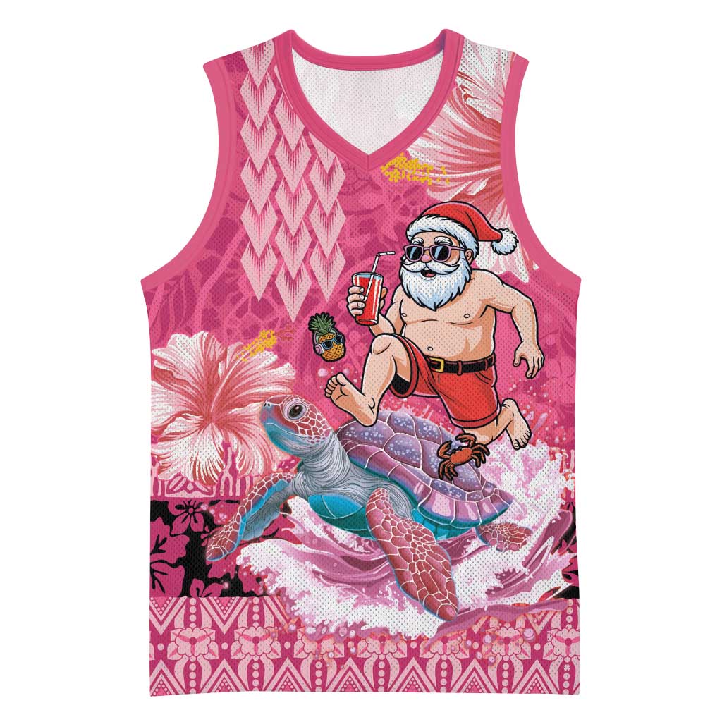 Hawaii Mele Kalikimaka Basketball Jersey Funny Santa with Tribal Tattoos Kakau Pink Color - Polynesian Pride