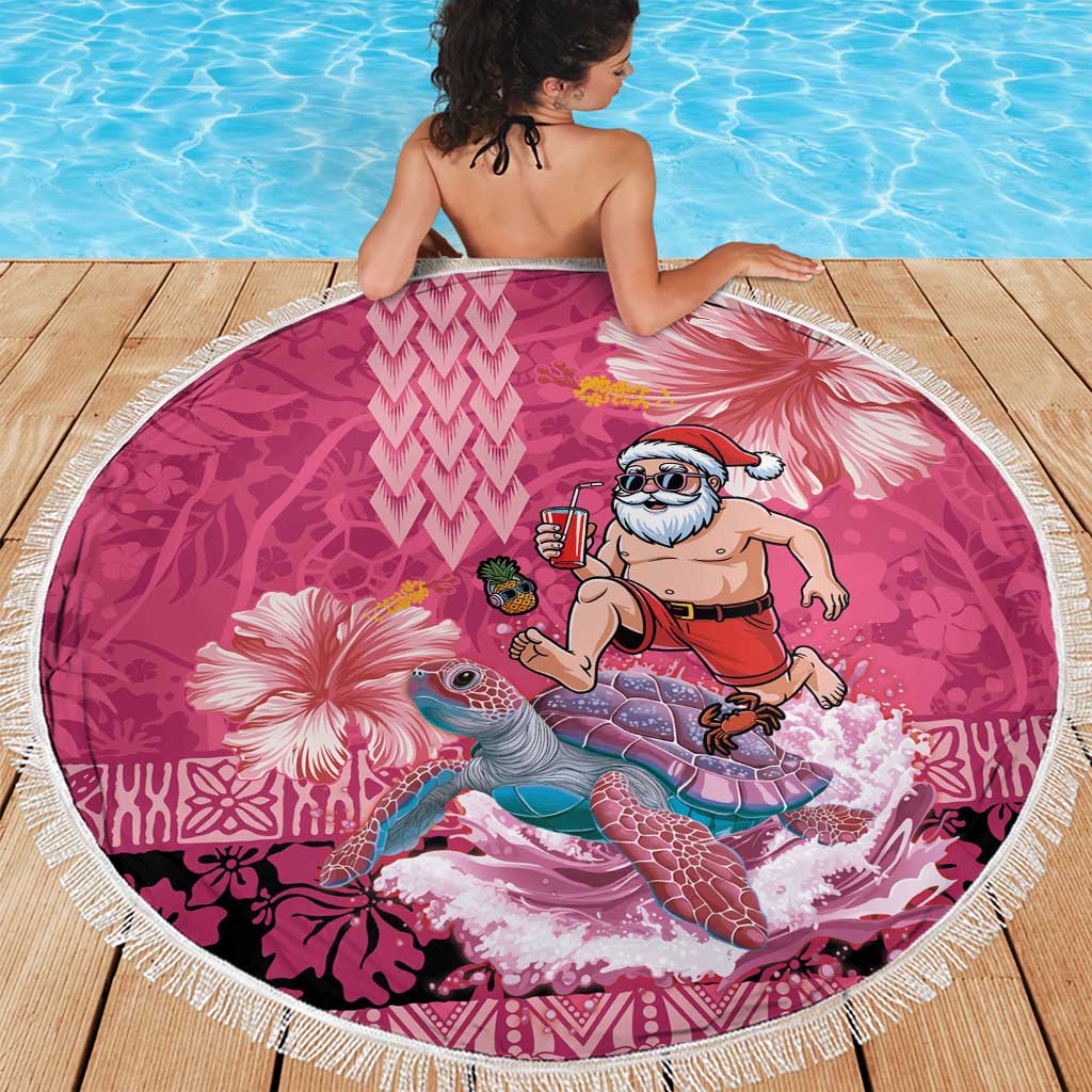 Hawaii Mele Kalikimaka Beach Blanket Funny Santa with Tribal Tattoos Kakau Pink Color - Polynesian Pride