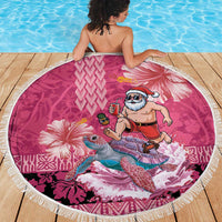 Hawaii Mele Kalikimaka Beach Blanket Funny Santa with Tribal Tattoos Kakau Pink Color - Polynesian Pride