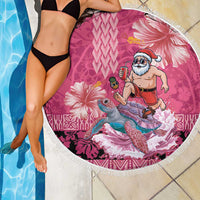 Hawaii Mele Kalikimaka Beach Blanket Funny Santa with Tribal Tattoos Kakau Pink Color - Polynesian Pride