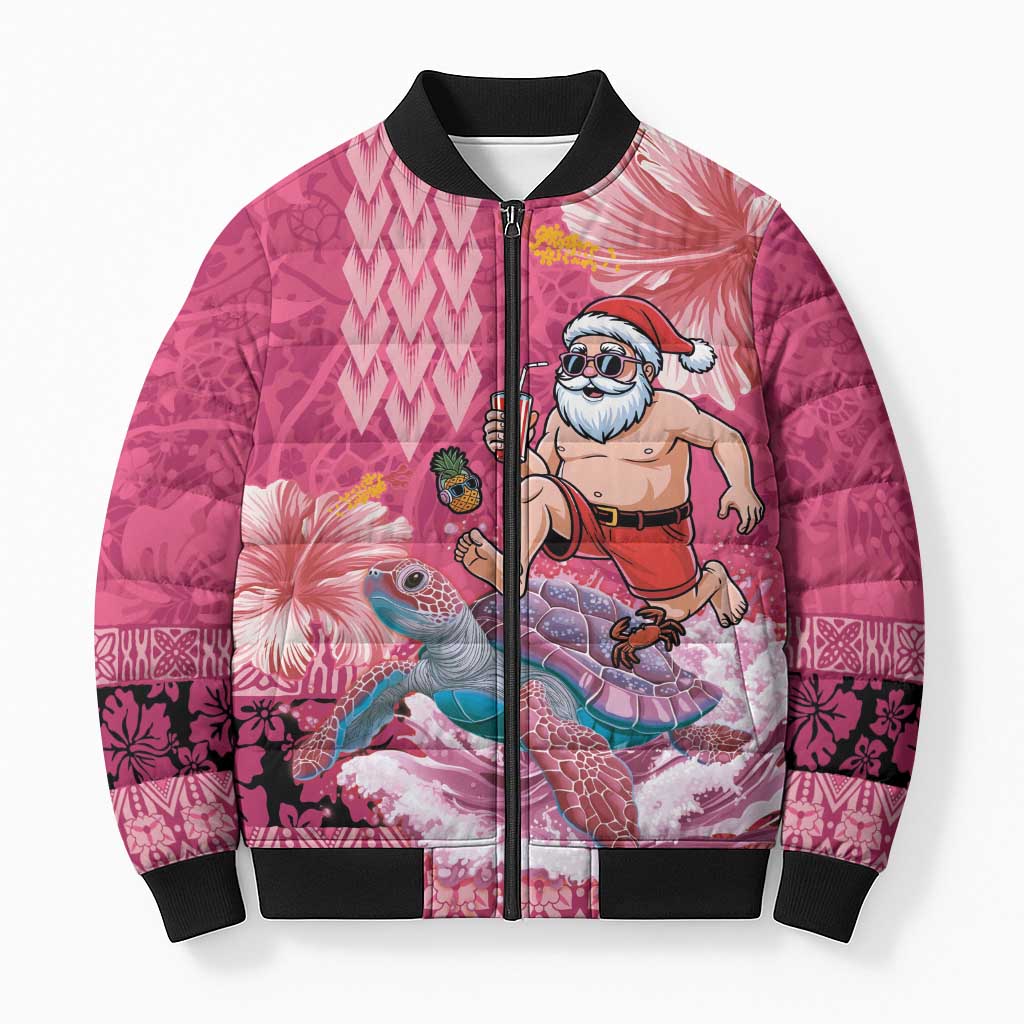 Hawaii Mele Kalikimaka Bomber Puffer Jacket Funny Santa with Tribal Tattoos Kakau Pink Color - Polynesian Pride