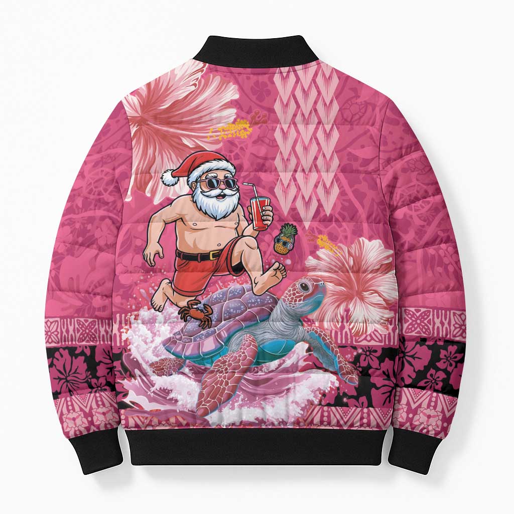 Hawaii Mele Kalikimaka Bomber Puffer Jacket Funny Santa with Tribal Tattoos Kakau Pink Color - Polynesian Pride