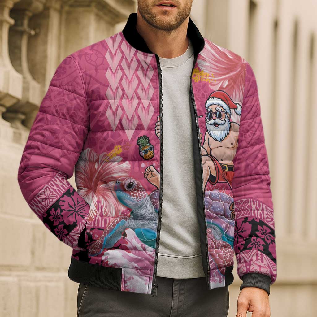 Hawaii Mele Kalikimaka Bomber Puffer Jacket Funny Santa with Tribal Tattoos Kakau Pink Color - Polynesian Pride