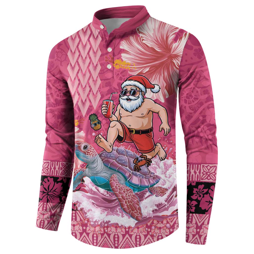 Hawaii Mele Kalikimaka Button Sweatshirt Funny Santa with Tribal Tattoos Kakau Pink Color - Polynesian Pride