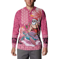 Hawaii Mele Kalikimaka Button Sweatshirt Funny Santa with Tribal Tattoos Kakau Pink Color - Polynesian Pride