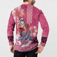 Hawaii Mele Kalikimaka Button Sweatshirt Funny Santa with Tribal Tattoos Kakau Pink Color - Polynesian Pride