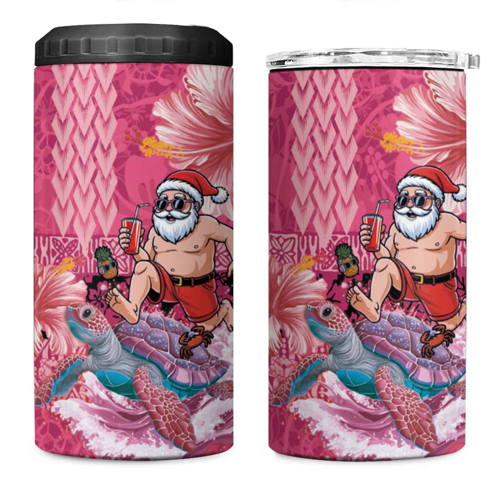 Hawaii Mele Kalikimaka 4 in 1 Can Cooler Tumbler Funny Santa with Tribal Tattoos Kakau Pink Color - Polynesian Pride