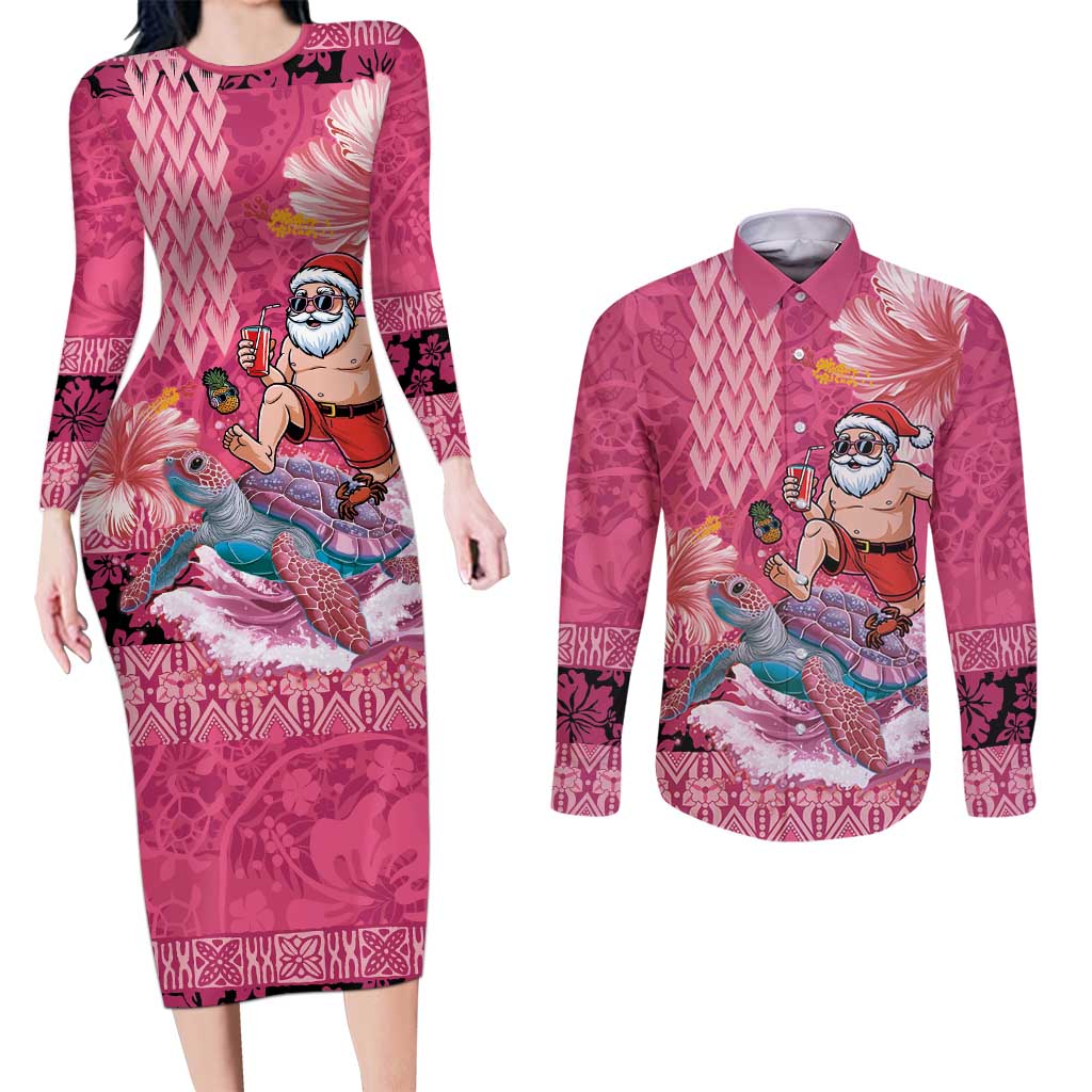 Hawaii Mele Kalikimaka Couples Matching Long Sleeve Bodycon Dress and Long Sleeve Button Shirt Funny Santa with Tribal Tattoos Kakau Pink Color - Polynesian Pride