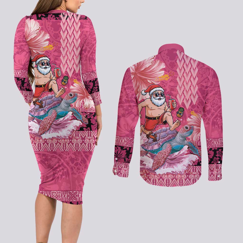 Hawaii Mele Kalikimaka Couples Matching Long Sleeve Bodycon Dress and Long Sleeve Button Shirt Funny Santa with Tribal Tattoos Kakau Pink Color - Polynesian Pride