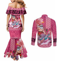 Hawaii Mele Kalikimaka Couples Matching Mermaid Dress and Long Sleeve Button Shirt Funny Santa with Tribal Tattoos Kakau Pink Color - Polynesian Pride