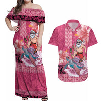 Hawaii Mele Kalikimaka Couples Matching Off Shoulder Maxi Dress and Hawaiian Shirt Funny Santa with Tribal Tattoos Kakau Pink Color - Polynesian Pride