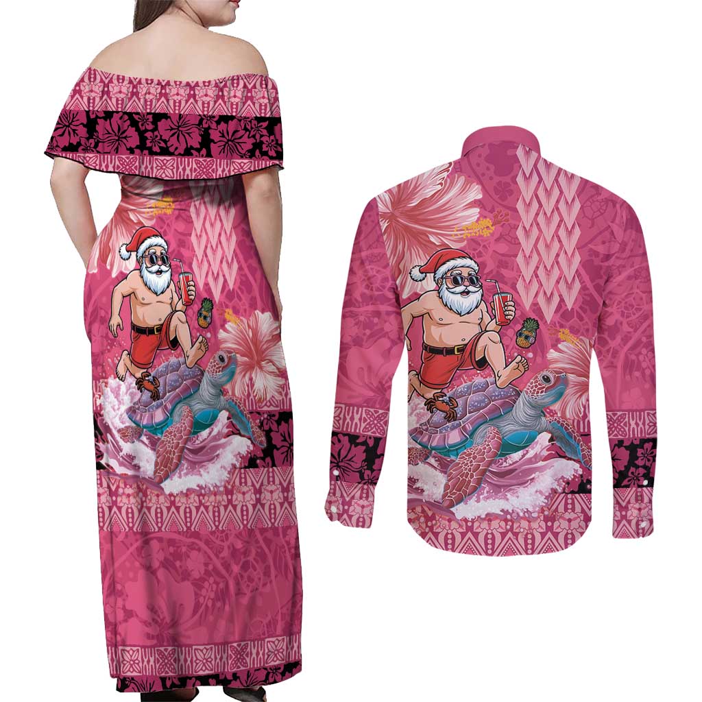 Hawaii Mele Kalikimaka Couples Matching Off Shoulder Maxi Dress and Long Sleeve Button Shirt Funny Santa with Tribal Tattoos Kakau Pink Color - Polynesian Pride