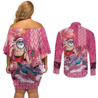 Hawaii Mele Kalikimaka Couples Matching Off Shoulder Short Dress and Long Sleeve Button Shirt Funny Santa with Tribal Tattoos Kakau Pink Color - Polynesian Pride