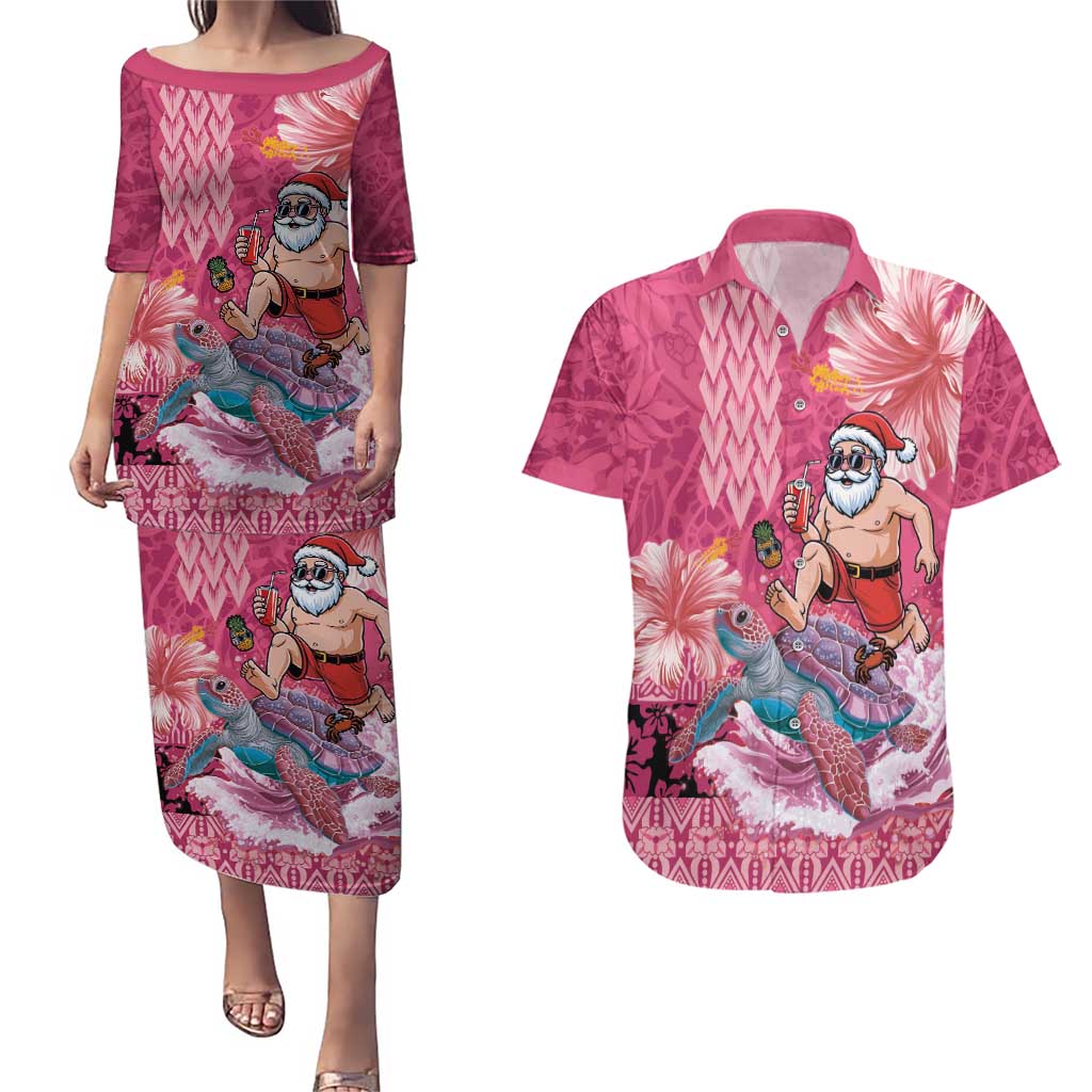 Hawaii Mele Kalikimaka Couples Matching Puletasi and Hawaiian Shirt Funny Santa with Tribal Tattoos Kakau Pink Color - Polynesian Pride