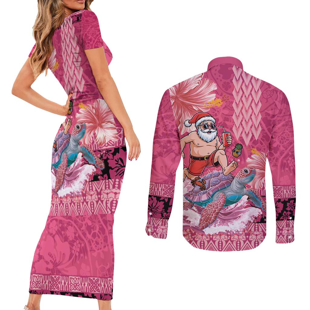 Hawaii Mele Kalikimaka Couples Matching Short Sleeve Bodycon Dress and Long Sleeve Button Shirt Funny Santa with Tribal Tattoos Kakau Pink Color - Polynesian Pride