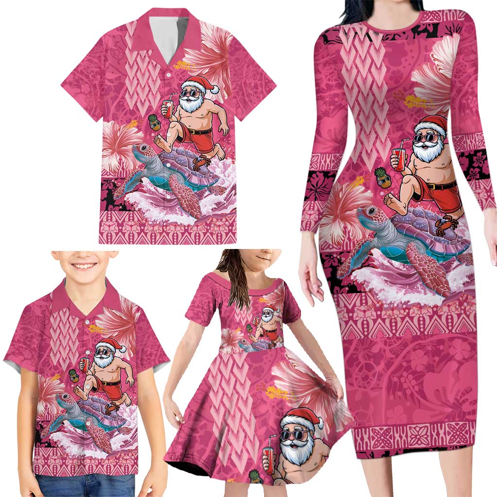 Hawaii Mele Kalikimaka Family Matching Long Sleeve Bodycon Dress and Hawaiian Shirt Funny Santa with Tribal Tattoos Kakau Pink Color - Polynesian Pride
