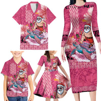 Hawaii Mele Kalikimaka Family Matching Long Sleeve Bodycon Dress and Hawaiian Shirt Funny Santa with Tribal Tattoos Kakau Pink Color - Polynesian Pride