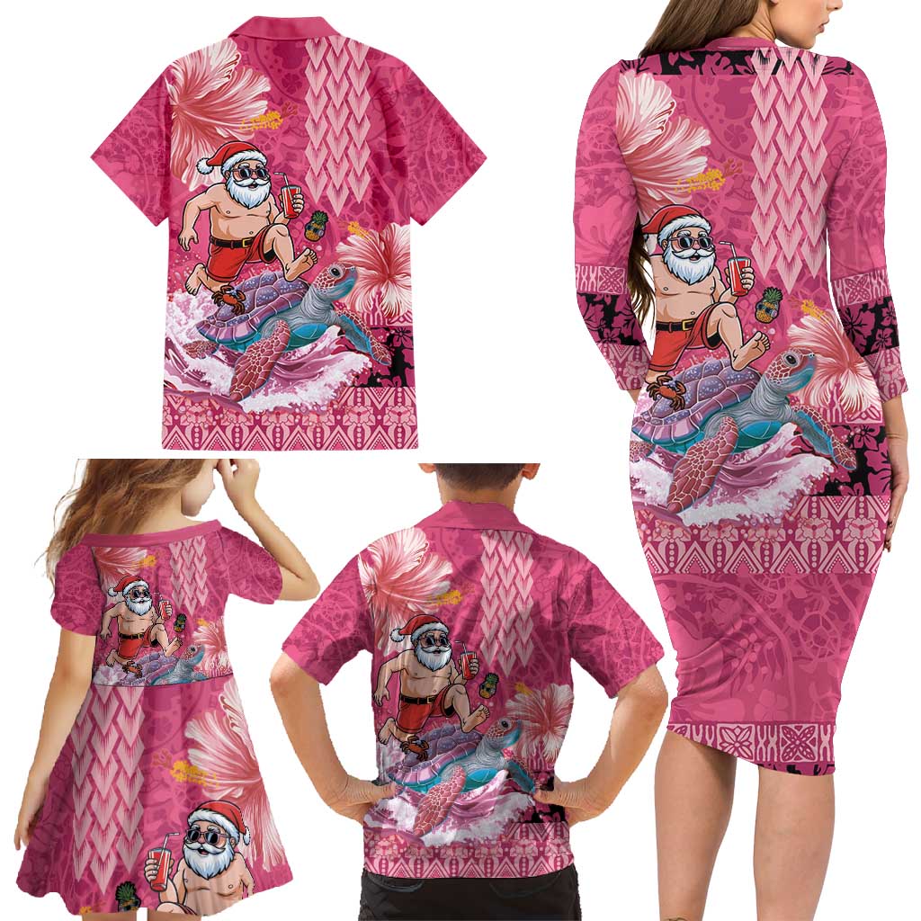 Hawaii Mele Kalikimaka Family Matching Long Sleeve Bodycon Dress and Hawaiian Shirt Funny Santa with Tribal Tattoos Kakau Pink Color - Polynesian Pride