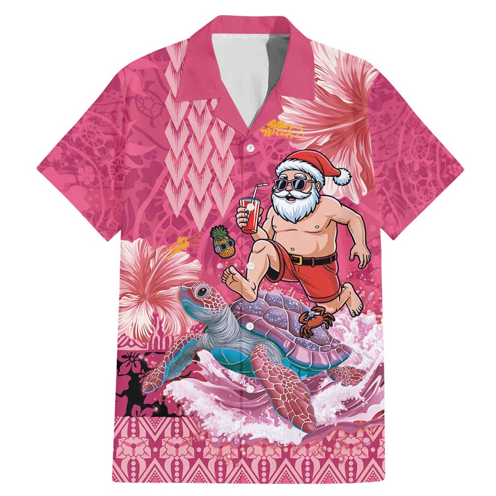 Hawaii Mele Kalikimaka Family Matching Mermaid Dress and Hawaiian Shirt Funny Santa with Tribal Tattoos Kakau Pink Color - Polynesian Pride