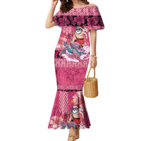 Hawaii Mele Kalikimaka Family Matching Mermaid Dress and Hawaiian Shirt Funny Santa with Tribal Tattoos Kakau Pink Color - Polynesian Pride
