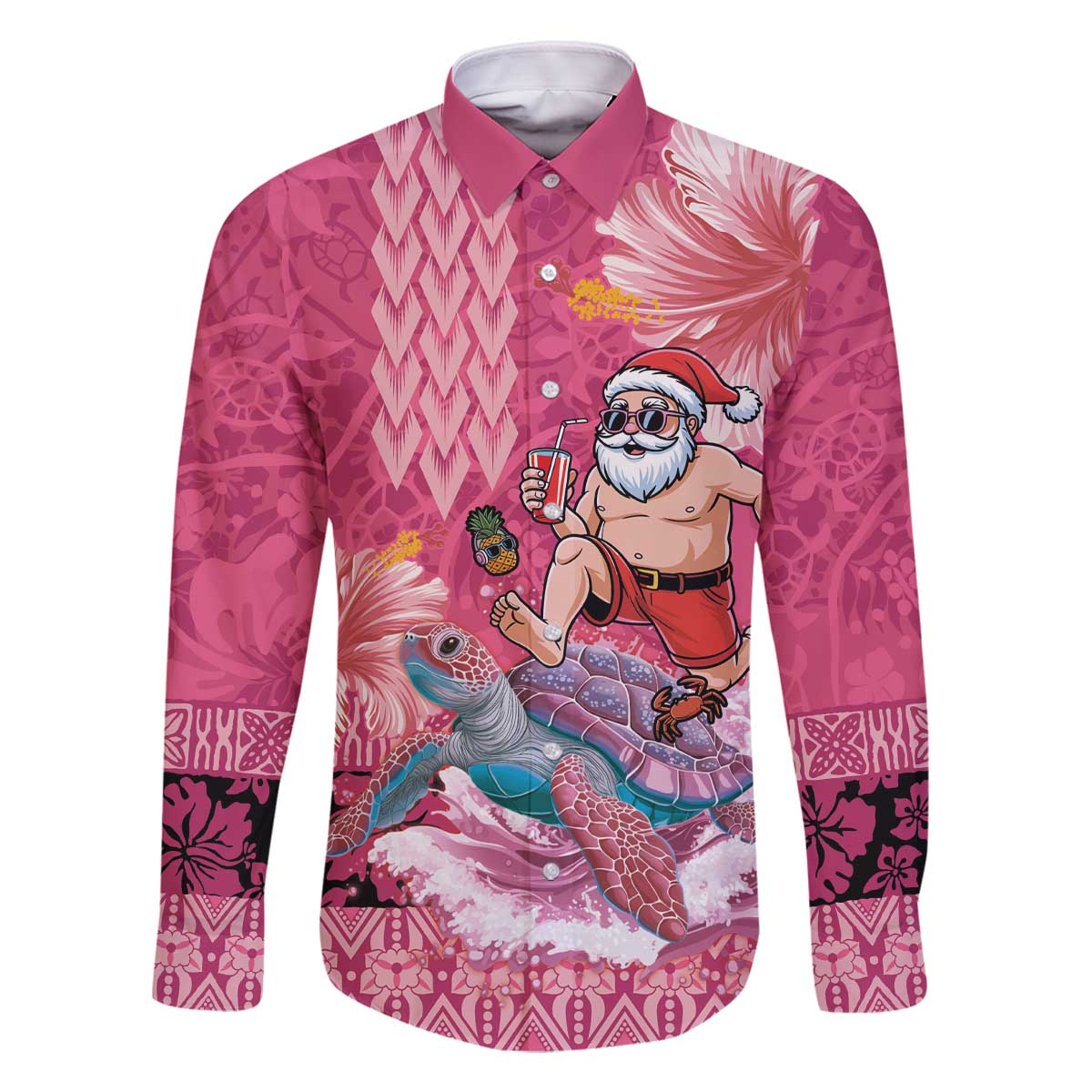 Hawaii Mele Kalikimaka Family Matching Off The Shoulder Long Sleeve Dress and Hawaiian Shirt Funny Santa with Tribal Tattoos Kakau Pink Color - Polynesian Pride